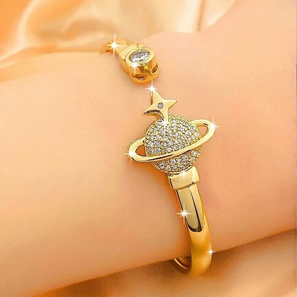 Gold Zircon Planet Bangle Bracelet